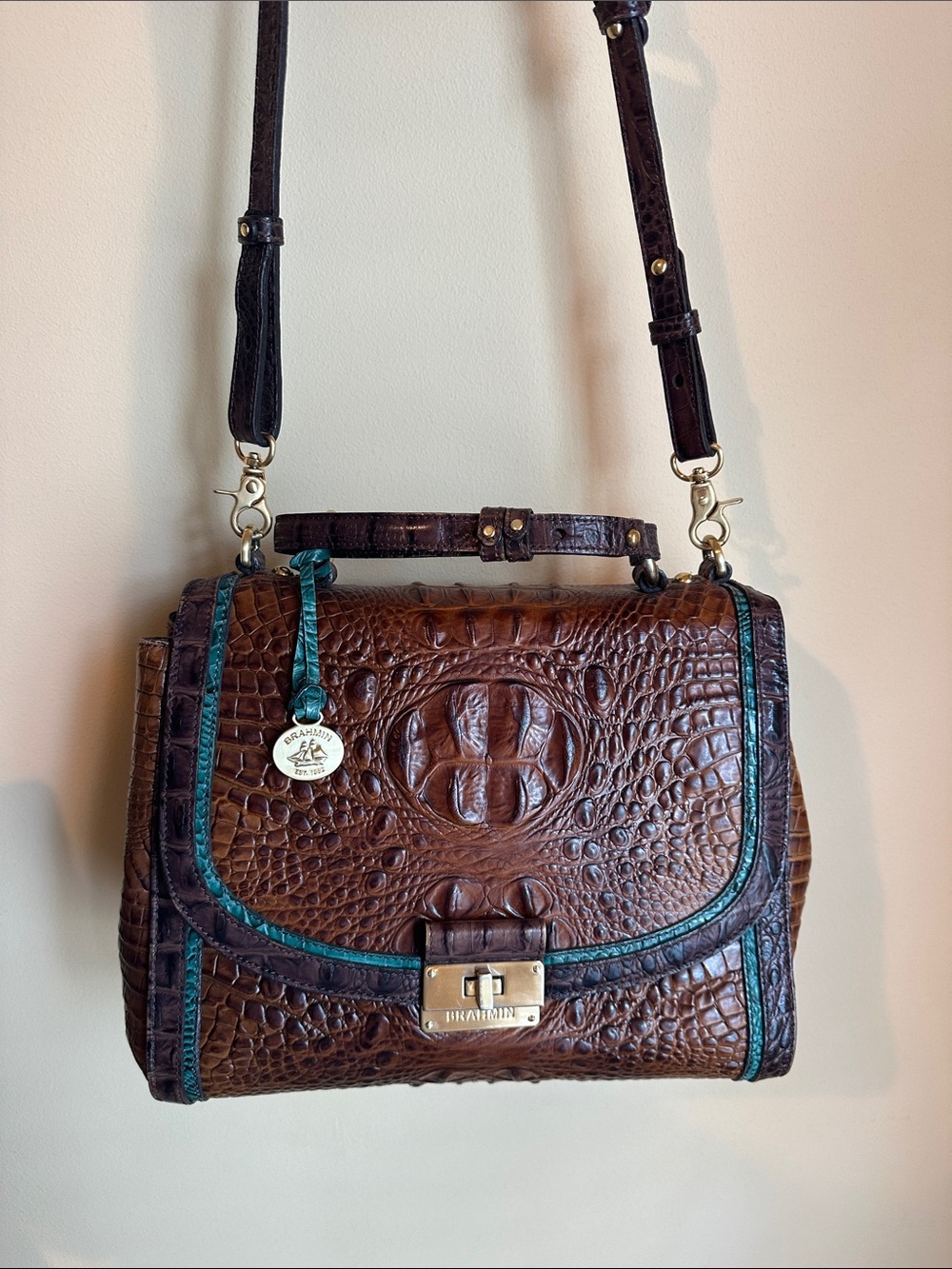 Brahmin Brown Croc-Embossed Shoulder Bag with Teal Trim with Matching Wallet